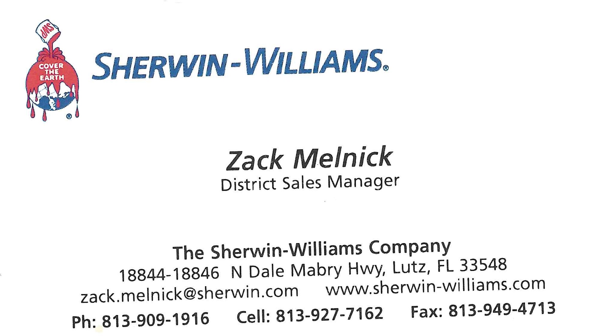 Zack Melnik of Sherwin-Williams business card